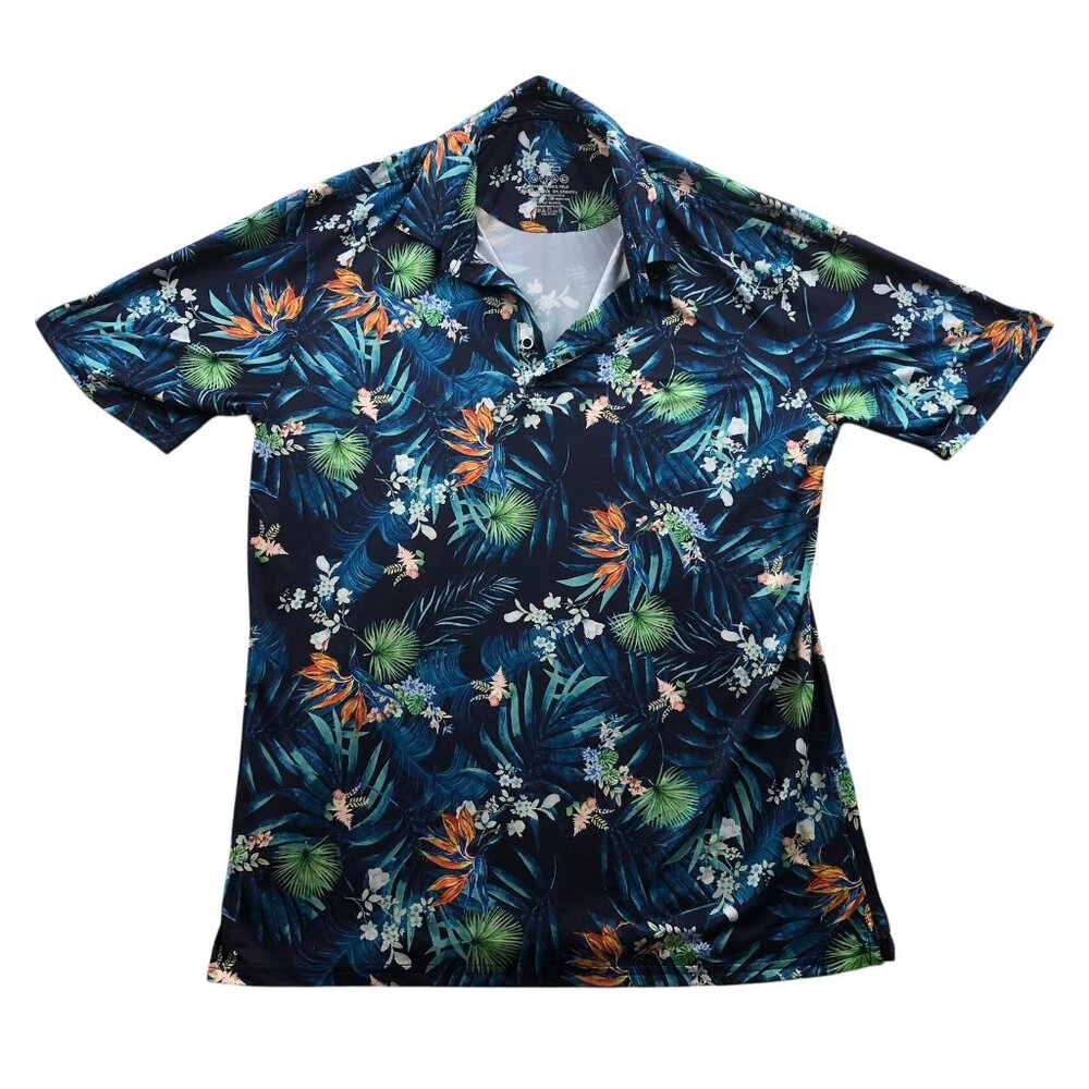 Mens Performance Polo Shirt Large Anti-UV Moisture-Wicking Tropical Print Stretc
